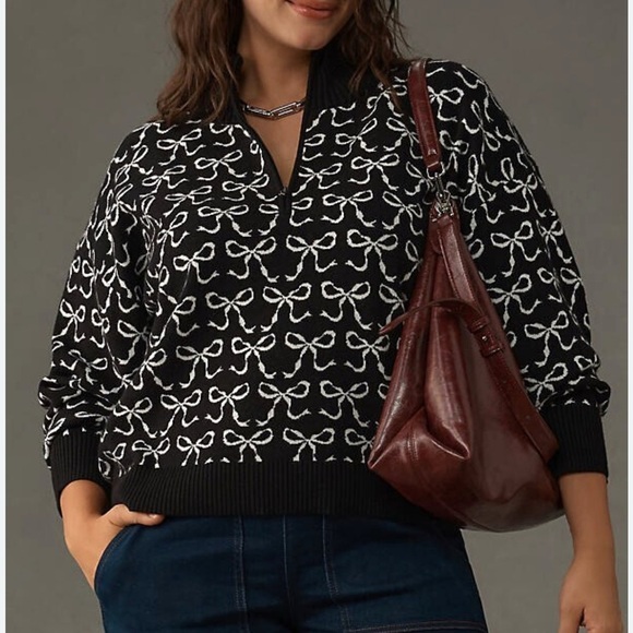 Anthropologie Maeve Montana Mock Neck Half Zip Sweater Black White Size XS - Picture 5 of 13